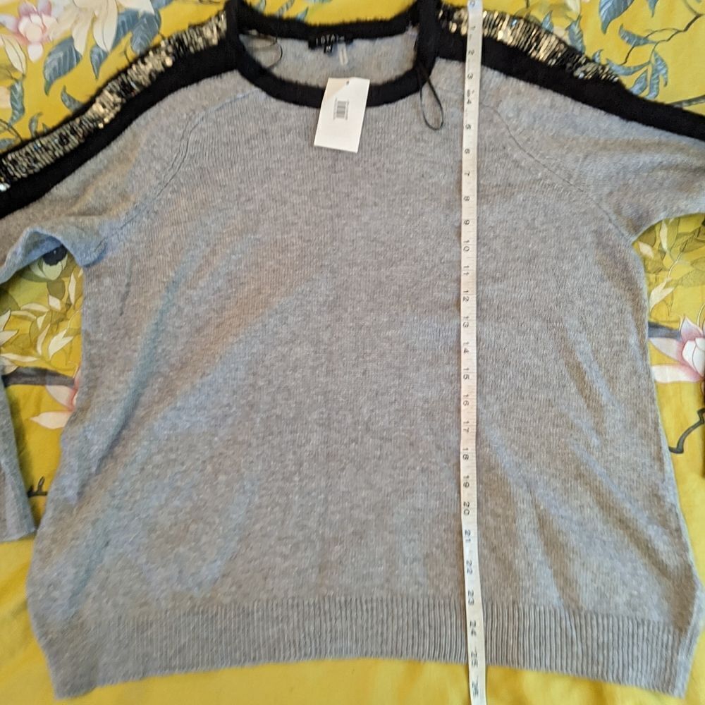 1 State grey crew neck sweater black fuzzy piping sequin stripe down arm nwt 1x - Picture 6 of 6